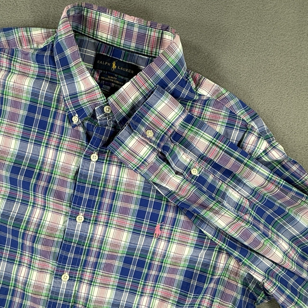Ralph Lauren Plaid Slim Fit Cotton Stretch Shirt Men XL Long Sleeve Button Down